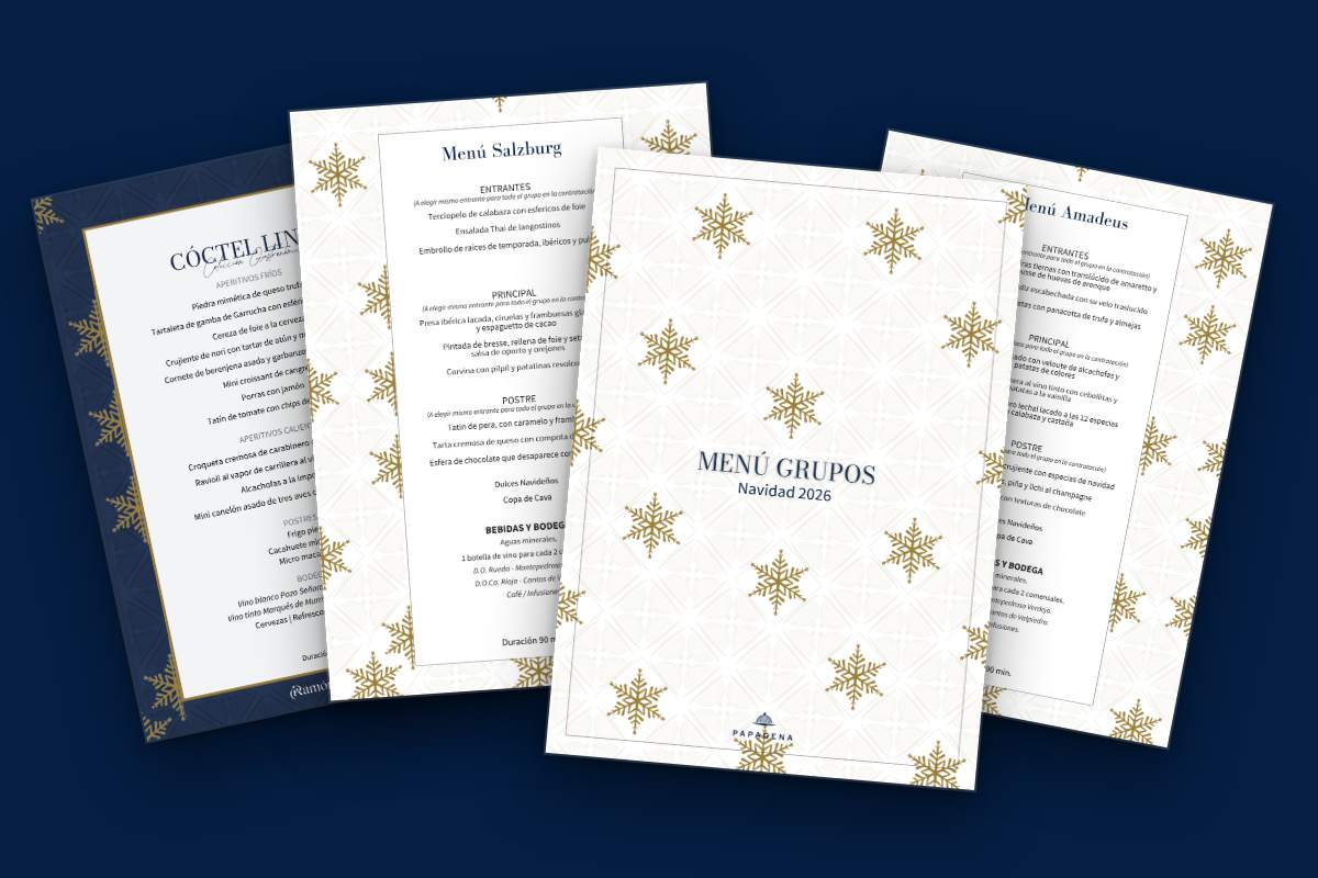 Las cartas de Navidad 2026 de Papagena: la portada del menú de grupos y, detrás, el Cóctel Lino, el Menú Salzburg y el Menú Amadeus
